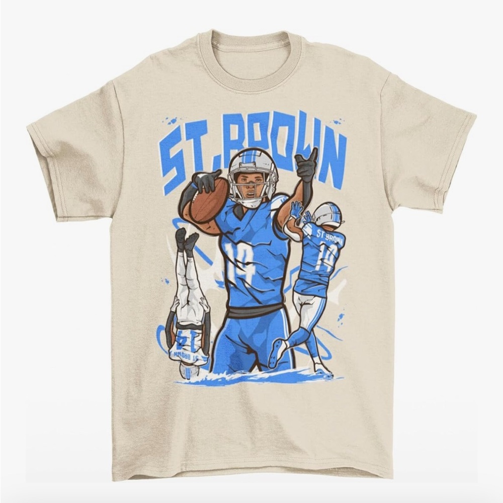 NEW Amon-Ra St. Brown Cartoon Style Detroit Football T-Shirt